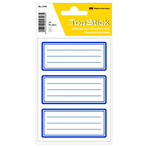 TopStick 1346 Étiquettes de livre ligné (76 x 35 mm, 5 feuilles, papier, mat) auto-adhésives, autocollants scolaires neutres pour enfants, filles et garçons, 15 étiquettes d'école, bleu et blanc
