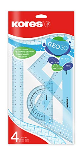 Kores - Geo30 : Coffret de Mathématiques à 4 Pièces pour Enfants et Étudiants, Coffret de Géométrie en Plastique avec Règle, Rapporteur et Équerre, Fournitures Scolaires, Coffret de Couleurs Assorties