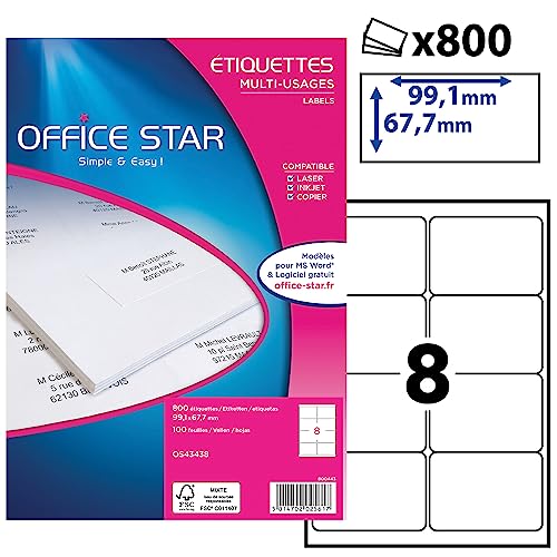 OFFICE STAR - Boite de 800 étiquettes autocollantes blanches multi-usages, format 99,1 x 67,7 mm, personnalisables et imprimables tous types d'imprimantes laser, jet d'encre, copieur