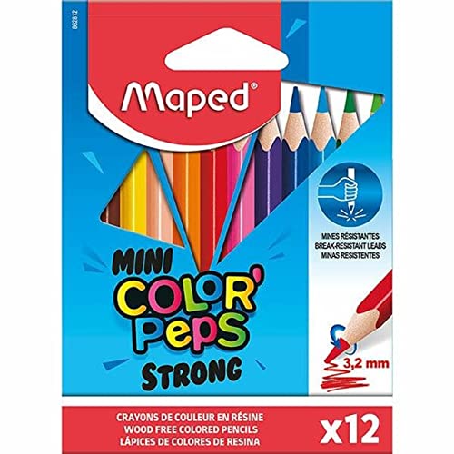 Maped - Crayons de Couleur STRONG Mini Color'Peps - 12 Crayons de Coloriage Ultra-résistants et Ergonomique - Pochette de 12 Petits Crayons