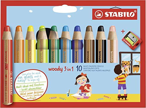 Crayon de Couleur STABILO woody 3in1 - Etui carton de 10 Crayons de Couleurs Enfant, Crayon Large à Mine XXL, Couleurs Assorties, Taille-crayon inclus